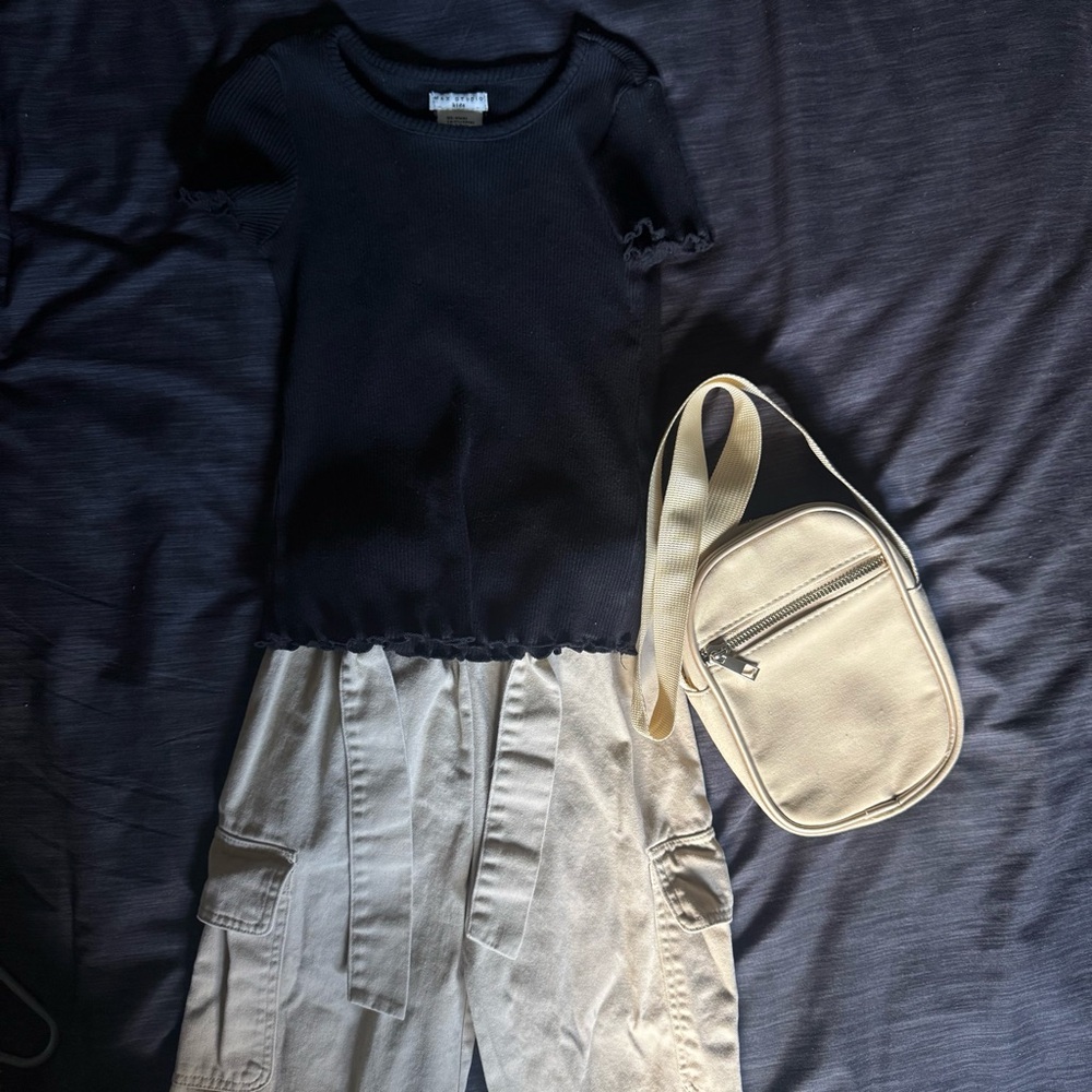 Girls’ Black Top with Beige Cargo Pants and Cream Crossbody Bag